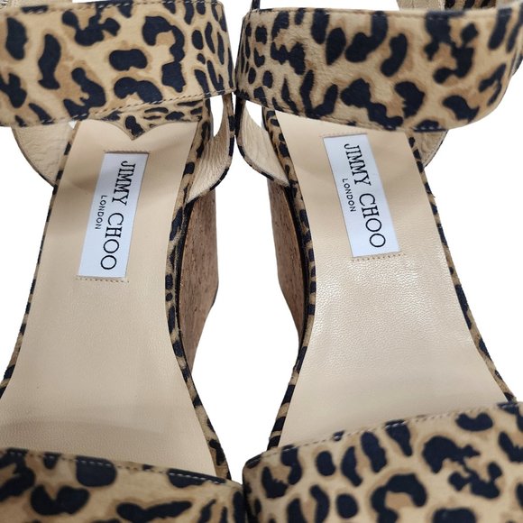 JIMMY CHOO Suede Leather Trim Wedge Heels Sandals Animal Print Light Brown 40 - Picture 6 of 10